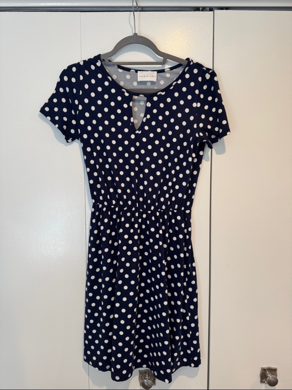 French Grey Navy Polka Dot Keyhole Mini Dress
